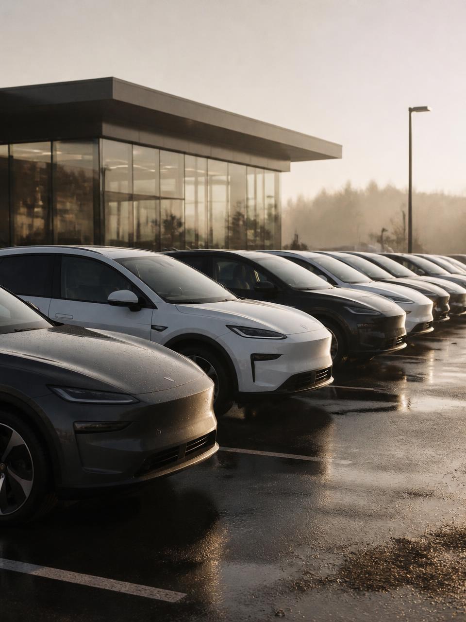 Dealership lot at first light with a row of new vehicles